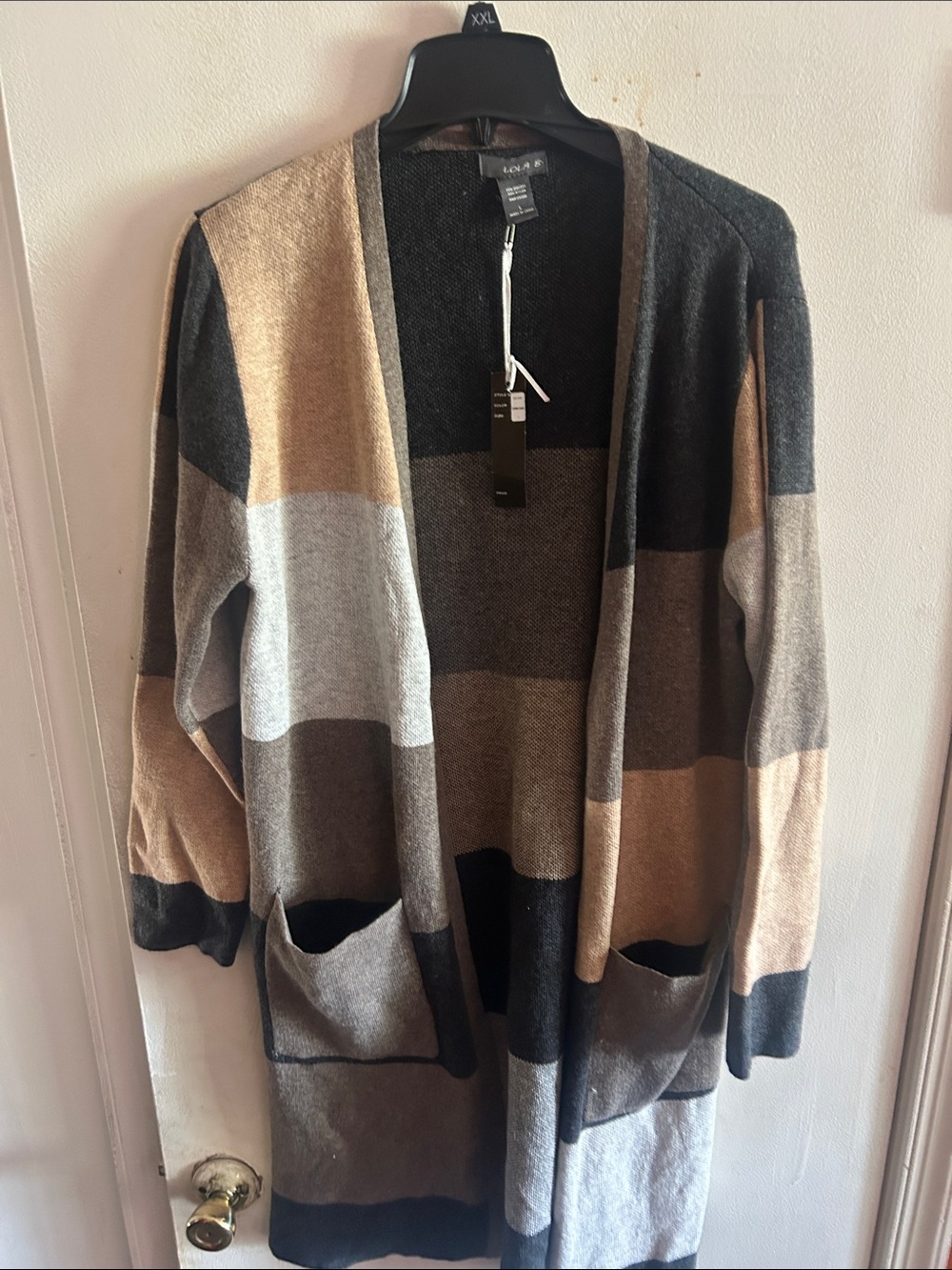 Lola B Colorblock Open-Front Cardigan in Brown, Gray, Black new with tag